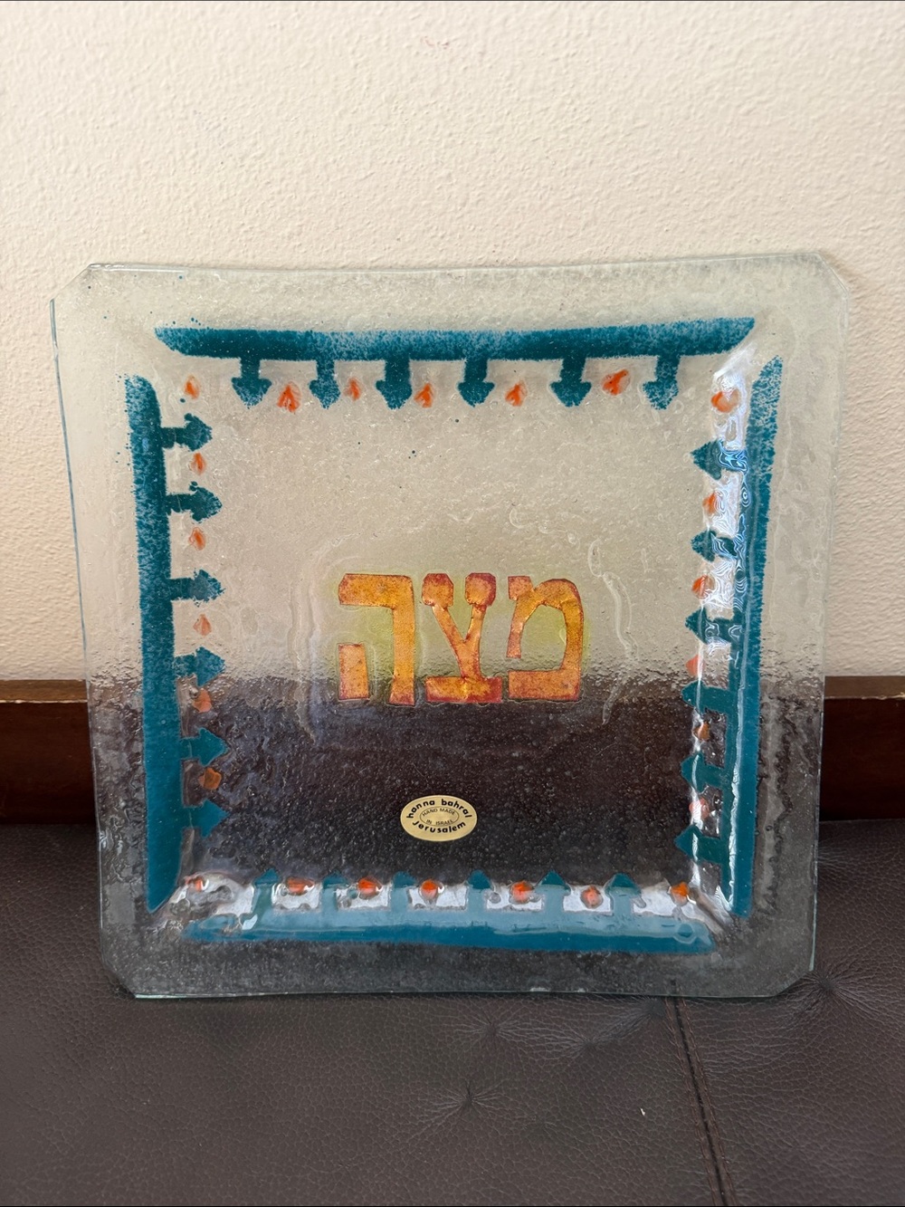 Vintage Fused Glass Matzah Plate Hand Made by Israeli Artist Hanna Bahral